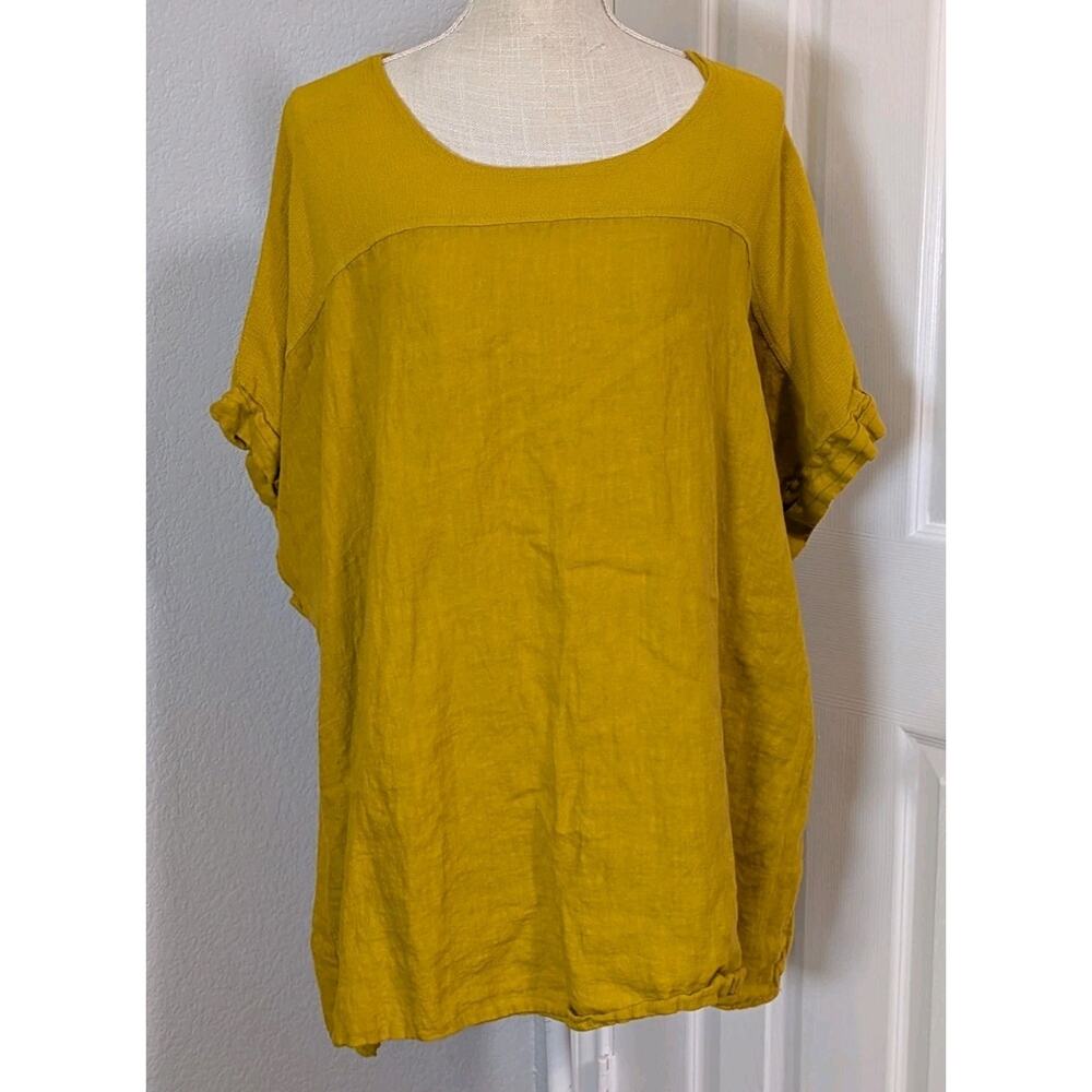100% Linen Sz 3X Mustard Yellow Boxy Short Sleeve Top Tunic Lagenlook Boho Italy